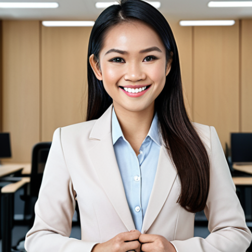 Home 11 A professionally dressed Thai person smiling confidently in a modern office setting, looking directly at the camera. The background includes subtle Thai design elements. The image showcases a strong LinkedIn profile picture.